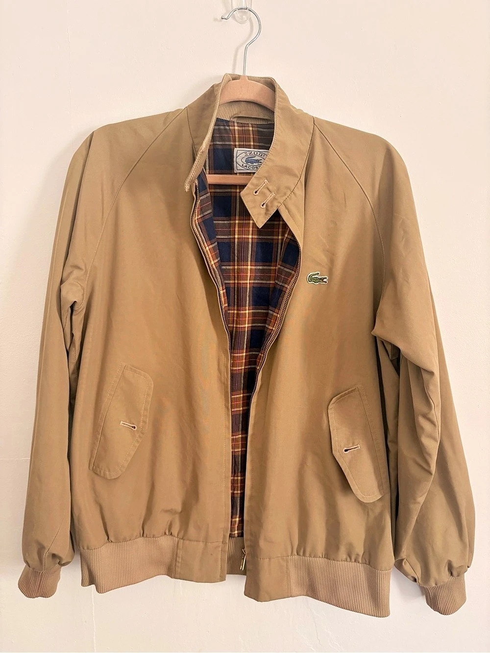 Vintage IZOD Lacoste Harrington Jacket Men’s M Tan Plaid Lined